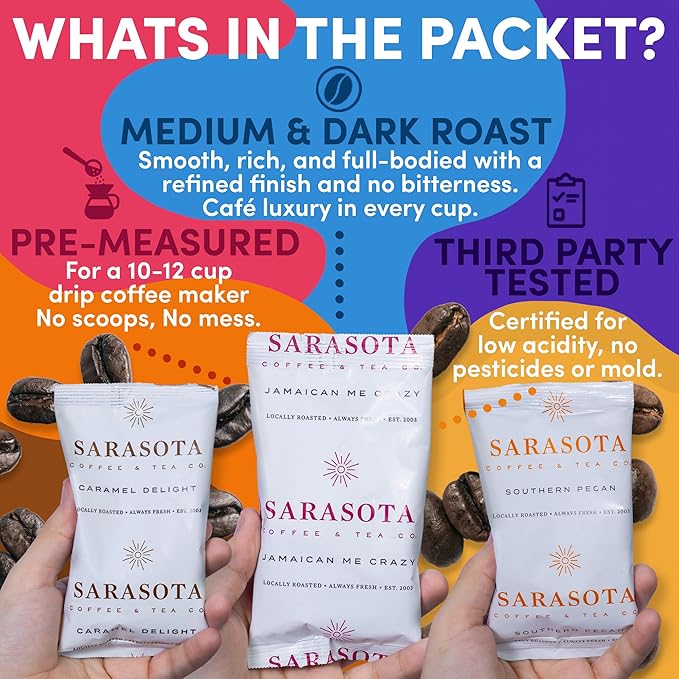 Sarasota Bulk Coffee Packs Ground Packets | Medium, Dark, Colombian, & Flavored Roast Variety | Gourmet Assorted Gift Sampler | Low Acid Pouches for 12 Cup Coffee Maker | 1.75 Oz Bags, 100 Count