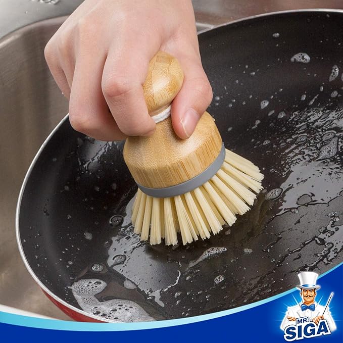 MR.SIGA Bamboo Palm Brush, Scrub Brush for Dishes Pots Pans Kitchen Sink Cleaning, Pack of 2