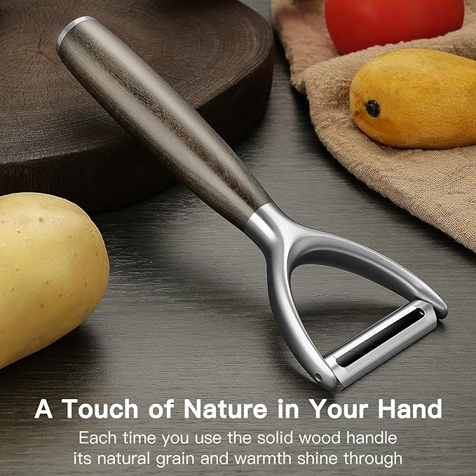 JUSEEPO Premium Vegetable Peeler, Y Type Swivel 304 Stainless Steel Blade Comfortable Solid Wood Handle, Practical gift for the home kitchen mom grandma for Veggie, Fruit, Potato(Exotic Ebony)