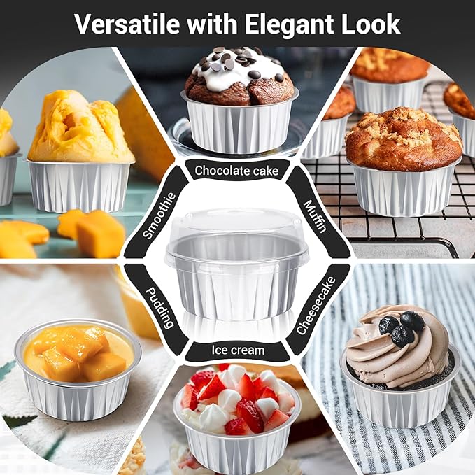 EUSOAR Aluminum Foil Baking Cups, 400pcs 5oz Disposable Mini Ramekins Cupcake Liners with Lids for Baking, Dessert Containers Aluminum Cheesecake Pan Creme Brulee Cup for Oven-Silver