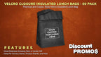 DISCOUNT PROMOS 50 Hook and Loop Insulated Lunch Bags Set - Customizable Text, Logo - Polyester, Durable, Vibrant, Reusable - Black