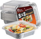 8x8 Aluminum Pans with Clear Lids - 20 Pack Disposable Baking Pans, Heavy Duty Tin Foil Trays for Cake Baking, Cooking, Heating, Storing, Prepping Food