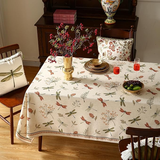 ISAENNE Designer Floral Linen Long Tablecloth Rectangle,French Off White Elegant Table Cloth,Washable Home Decor Tablecloths for Dining Thanksgiving Kitchen Christmas Party,63"*102"-Grace B