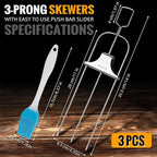 3PCS Grilling Savant 3 Way Skewers,14 Inch Metal Skewers for Grilling,Easy to Use Push Bar Slider, BBQ Accessory, Perfect for Meat,Veggies,Fruits,Marshmallow Roasting Sticks Grill Kabob Skewer.
