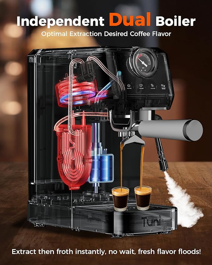 Tuni E2 58mm Espresso Machine 20Bar Espresso Maker, 𝐃𝐮𝐚𝐥 𝐁𝐨𝐢𝐥𝐞𝐫 Coffee Maker with 10mm Steam Milk Frother, Semi-automatic Coffee Machine with UKLA Pump for Espresso, Gift for Coffee Lover