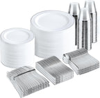 bUCLA 600pcs Silver Plastic Dinnerware Set for 100 Guests - Silver Christmas Dinnerware Set Disposable for Party - Include 100 Dinner Plates,100 Dessert Plates,100Cups,100 Knives,100 Forks,100 Spoons