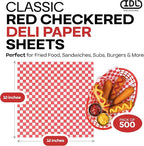 Red Checkered Deli Paper Sheets, 12" x 12" (500 pcs) - USA-Made Premium Food Basket Liners - PFAS-free Grease Resistant Deli Paper Sheets for Food, Snack & Baking Wrap, Picnic & Party by IDL Packaging