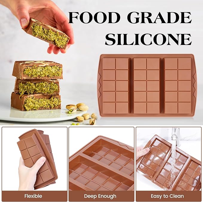 2 Pcs Chocolate Bar Mold Deep Dubai 0.85 Inch Stuffed Chocolate Molds Silicone Large Break Apart Silicone Molds (10 Snap + Pyramid）