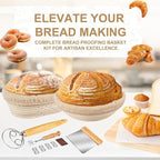 TNELTUEB Bread Proofing Basket Set, Incl 10'' Round & 9.6'' Oval Rattan Banneton, Dough Whisk, Scraper, Lame, Linen - Natural