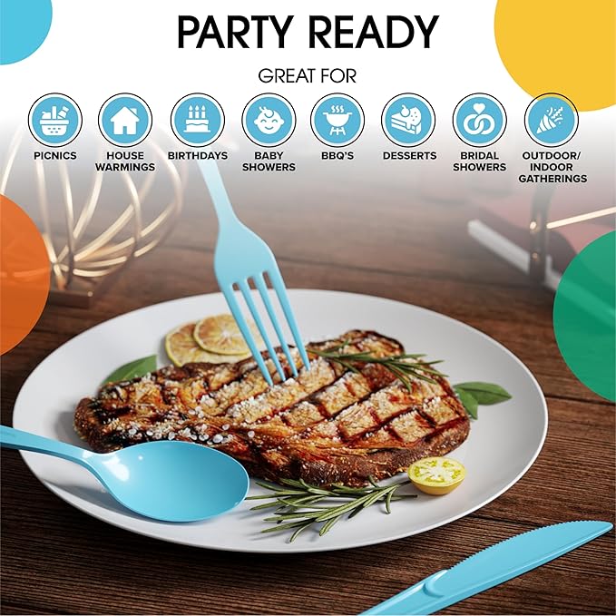 Party Solids Light Blue Plastic Silverware Heavy Duty 300 Pcs Light Blue Plastic Cutlery Sets, Utensil Sets, 100 Of Each Forks, Knives & Spoons Disposable Cutlery Set, Flatware Set For Party Supplies