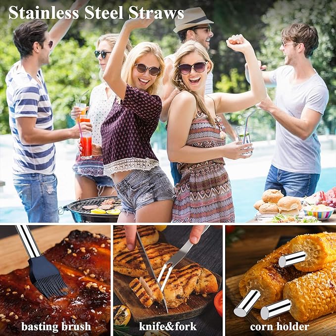 ROMANTICIST 25pcs Extra Thick BBQ Grill Accessories, Fathers Day Grilling Gifts Set for Men Dad, Heavy Duty Grill Tools Utensils Kit with Spatula, Tongs in Aluminum Case for Birthday Silver
