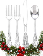 40PSC Silver Plastic Cutlery - Vintage Silver Disposable Silverware - Heavyweight Plastic Utensils with 20 Forks, 10Knives, 10 Spoons For Catering, Parties, Dinners and Weddings