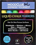 Liquid chalk markers washable, erasable, dry or wet erase. 6 neon markers for whiteboards, glass boards, mirrors, chalkboards, windows, car windshields, glass. Non-toxic, reverse tip pens