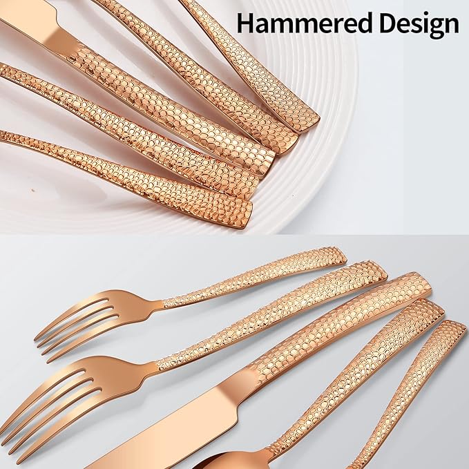 20-Piece Rose Gold Hammered Stainless Steel Flatware Set for 4, Including Fork, Knife, Spoon Set, Home Kitchen Cutlery Sets, Dishwasher Safe