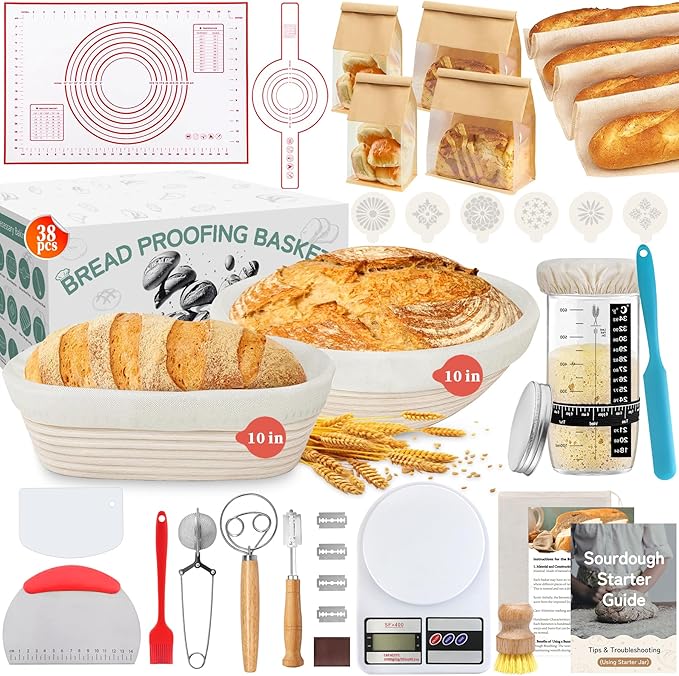 Aliggbent 38Pcs Sourdough Bread Baking Supplies, 10'' Round & Oval Banneton Bread Proofing Baskets with 24 oz Sourdough Starter Jar Kit, Digital Scale, Bags ＆ Bread Making Tools Kit for Artisan Baking