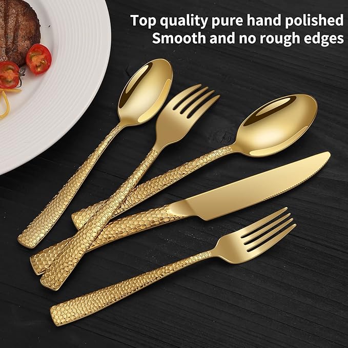 20-Piece Silverware Set, Gold Hammered Stainless Steel Flatware Sets for 4, Food-Grade Tableware Set, Including Fork Knife Spoon Set, Home Kitchen Cutlery Sets, Dishwasher Safe