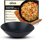 Alva Forest Naturally Nonstick Carbon Steel Wok Pan 12" - Acacia Wood Handle, Pre-Seasoned and Made without PFAS, PFOA & PTFE - Induction and All Stovetop Compatible with Even Heat Distribution