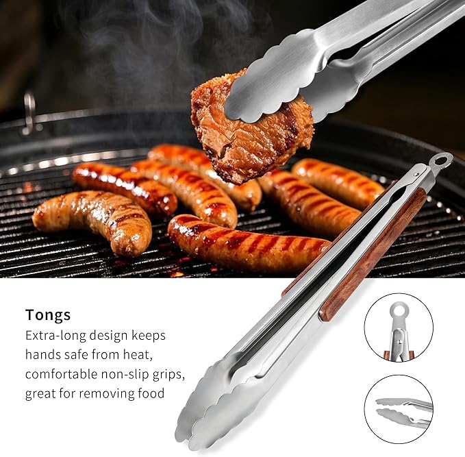 FJNATINH Heavy-Duty Grilling Accessories Rose Wooden BBQ Grilling Tools Set,Outdoor Grill Set with Spatula, Fork & Tongs,Essential Accessories for Barbecue & Grill. Ideal Gift for Men