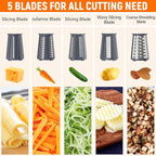 Rotary Cheese Grater Hand Crank with 5 Interchangeable Blades, Vegetable Slicer Chopper for Fruit Vegetable Nuts, Mandoline Slicer for Kitchen with Blades Rack & Suction Base, Grey