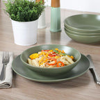 Gibson Home Queenslane 16-Piece Matte Green Stoneware Dinnerware Set – Double Bowl Plates and Bowls, Durable Kitchen Dinner Set