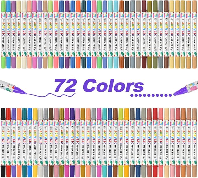 72 Colors Acrylic Paint Pens, Dual Tip Acrylic Paint Markers for Paper, Wood, Canvas, Stone, Rock Painting, Glass, Fabric, DIY, Ceramic, Art Supplies for Kids and Adults Drawing (Dot + Fine)