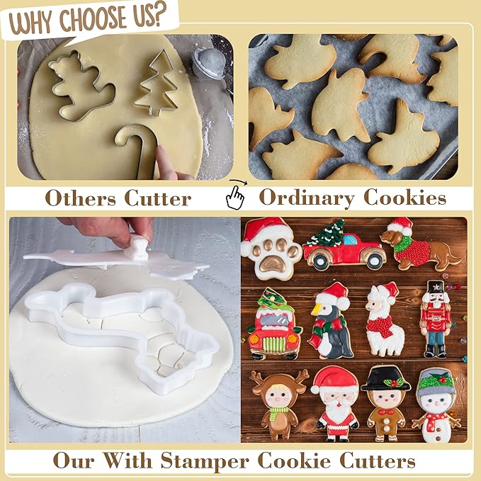 Flycalf Christmas Cookie Cutters Nutcracker Shapes with 3D Stamper Fall Holiday PLA Baking Accessories Cutter Molds Gifts for Kids Decorative Party 3" Kitchen Cake Supplies