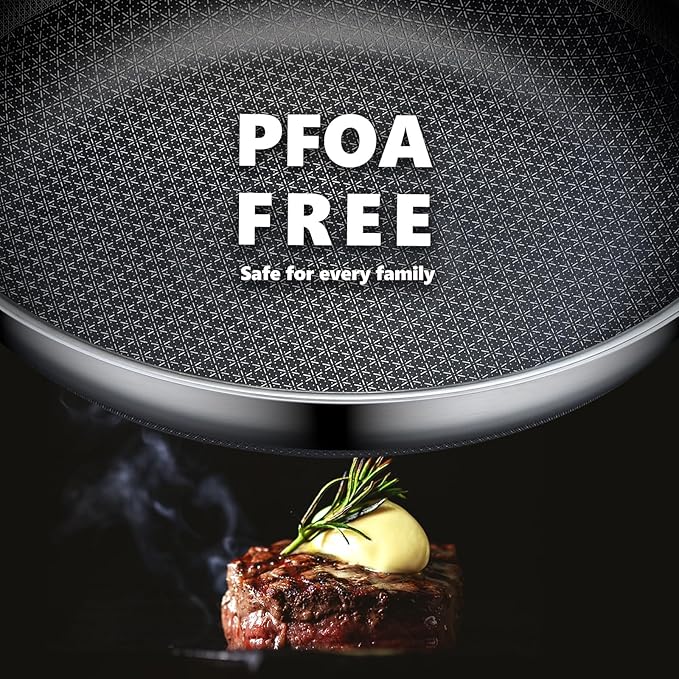Non Stick Frying Pans Set with 2 Lid, Hybrid Pans Set Nonstick (8+10+12inch),Skillets for cooking, PFOA Free Stainless Steel Kitchen set, Dishwasher and Oven-Safe Cookware Sets