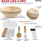 Swice Bread Proofing Basket, Round 9-Inch Banneton Sourdough Starter Kit with Lame, Dough Scraper, Linen Liner, and Basting Brush, Complete Bread Making Supplies and Tools