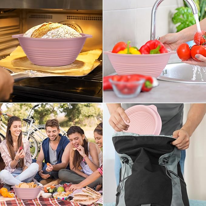 Upgraded Silicone Sourdough Bread Proofing Basket with Handles - Reinforced Rim Support, 9 Inch Non-Stick Round Dough Foldable Bowls for Sourdough Bread Baking, Oven & Dishwasher Safe-BPA Free (Pink)