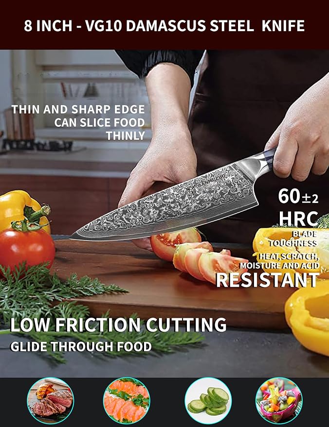 Chef Knife - 8 inch - Xuan Series - VG10 Damascus Steel Kitchen Knife - Resin Handle (Sapphire Blue)