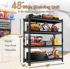 Adjustable Shelving Units and Storage, 48”W Garage Shelving Heavy Duty,2000LBS Loads 4-Tier Garage Storage Shelves, Metal Shelves for Living Room,Pantry,48”W×16”D×72”W,Black
