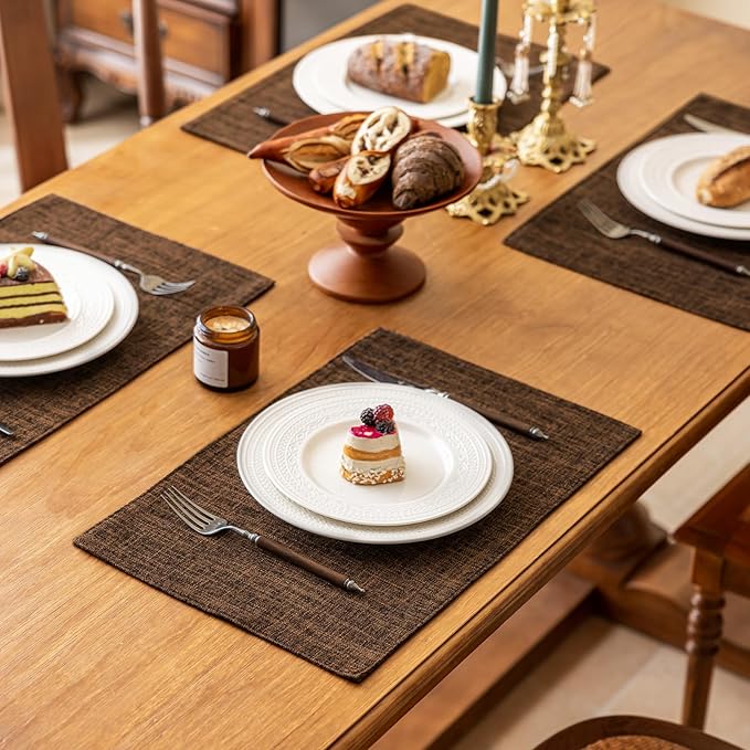KXN Placemats Set of 8, Dual-Layer Thickened Faux Linen Table Mats, Heat Resistant & Wrinkle-Free, Machine Washable Cloth Place Mats for Kitchen Dining Indoor Outdoor (Brown)