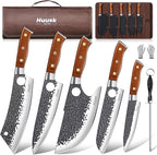 Huusk Butcher Knife Set, 8pcs Viking Chef Knife Set with Roll Bag, High Carbon Steel Forged Viking Knife, Meat Cleaver, Kitchen Knives Sets for Cooking Camping BBQ, Gift for Men Husband