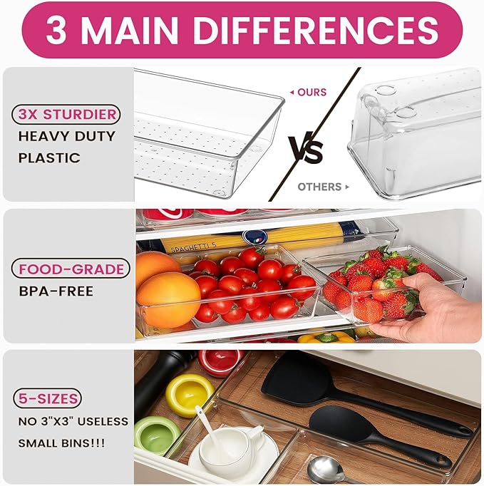 Criusia 26 Pack Large Clear Plastic Drawer Organizer Bins -5 Size Heavy Duty Acrylic Kitchen Drawer Organizers and Storage for Utensils -Bathroom Drawer Organizer Trays for Makeup Office Organization