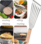 Fish Spatula Set of 2, HaSteeL Stainless Steel Slotted Spatula Turner with Riveted Wooden Handle, Professional Metal Spatulas Great for Kitchen Cooking Flipping Frying & Grilling, 2 x Hooks