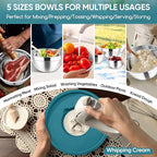 Herogo 5-Piece Mixing Bowls with Lids, 3 Grater Attachments, Stainless Steel Salad Bowls for Kitchen, Size 4.6, 3.5, 2.5, 2, 1.5QT Ideal for Baking, Prepping, Mixing and Serving, Blue