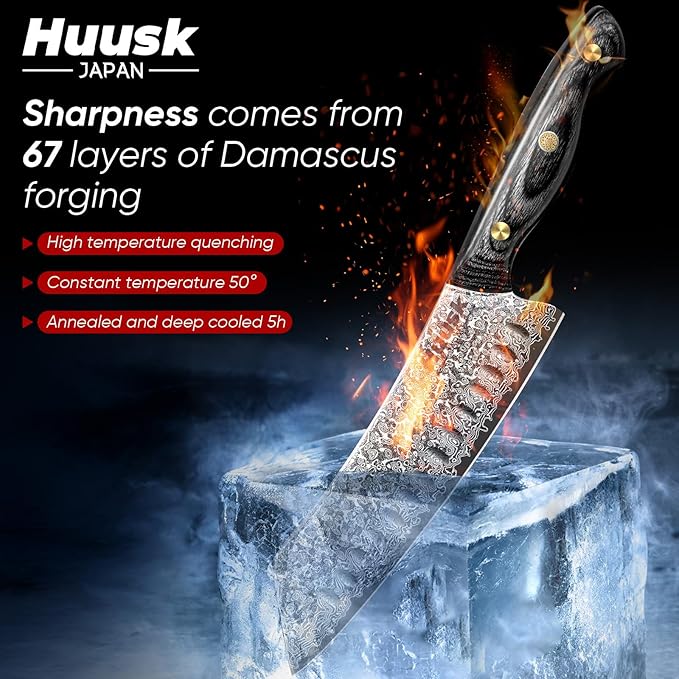 Huusk Damascus Kiritsuke Knife 7inch - Japanese Knives with Sharp Edge and Wooden Handle Hand Forged Chef Knives for Home Use, Meat Vegetables Fish Knives, Birthday Gift for Men