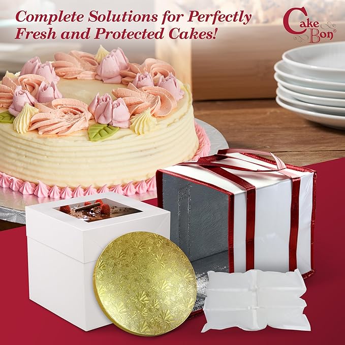 Cakebon Cake Box and Boards, 10-Inch Round Gold Smooth Edges 1/2- Inch Thick Drums with Insulated Bag and Ice Pack – Cake Transport Set, Cooler for Cake Delivery and Transport (1pc Each, 4pcs Total)