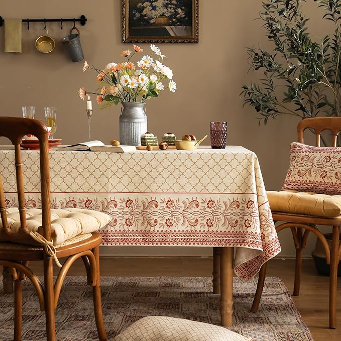 ISAENNE Designer Linen Floral Long Rectangular Tablecloth,Pale Yellow Farmhouse Indoor Table Cloth,Durable Decor Tablecloths for Dining Kitchen Thanksgiving Christmas,63"*94"-Chamonix A