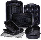 HONGBAKE 9-Piece Baking Pans Set with Wave Texture, 0.8mm Thick Bakeware Sets Non Stick, Includes Stackable Cookie Sheets for Oven Cooking, Cake Pan, Muffin Pan, Loaf Pan, Roasting Pan, Rack, Blue