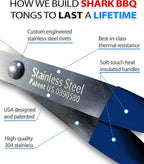 Shark BBQ Grill Tongs - 17 inch Blue. Professional kitchen and outdoor grilling utensil. Long reach Barbeque Grilling Tongs. Ideal for steak, fish, burger, and sausage