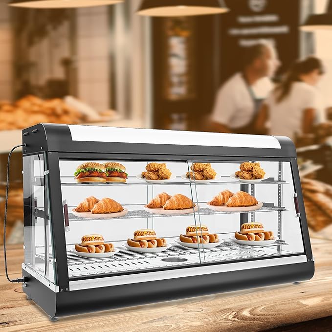 Whalefall 3-Tier Food Warmers Countertop, 48" Commercial Warm for Food Pizza Warmer w/ 3D Heating with Stainless Frame Sliding Glass Doors Pastry Display Case for Buffet Restaurant
