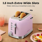 Toaster 2 Slice Retro Stainless Steel with 1.5” Extra Wide Slots Bagel, Defrost, Reheat, Cancel Functions, 6 Bread Shade Settings, Removable Crumb Tray, Purplish Pink