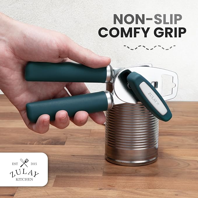 Zulay Kitchen Heavy Duty Stainless Steel Can Opener Manual with Bottle Opener - Rust Proof Manual Can Opener With Turn Knob & Soft Grip Handles