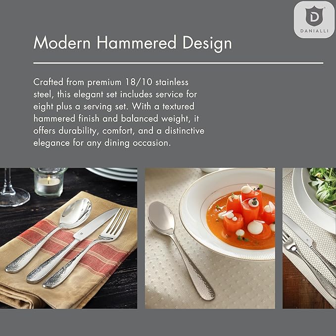 Hammered Silverware Set | Premium 18/10 Stainless Steel Flatware Service for 12 | Heavy-Duty & Dishwasher Safe | Built to Last (60-Piece, Fidenza Hammered)