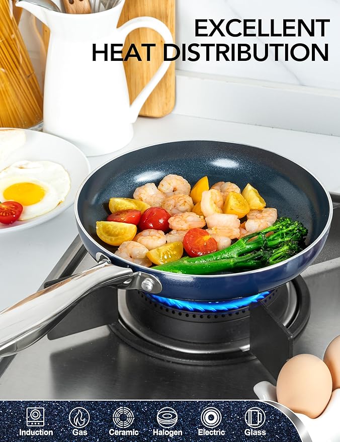MICHELANGELO Large Frying Pan with Lid, 14 Inch Blue Frying Pan with Nonstick Diamond Infused Coating, Nonstick Frying Pans, Ceramic Fry Pan, Non-Toxic