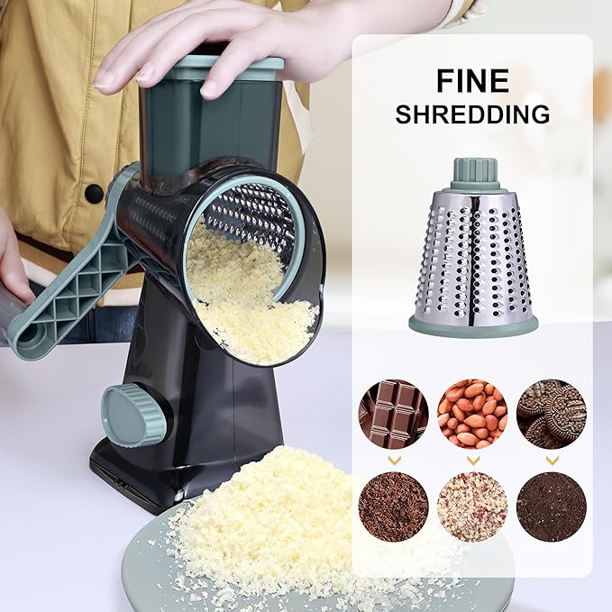 Kaishun Cheese Grater Rotary Grater Sredder Stainless Steel with Vacuum Suction Base Madonline Multi Functional Kitchen Tool Perfect for Easy Shredding and Slicing, Hands Safe Blade Black