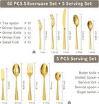 KINGSTONE Gold Hammered Silverware Set, Flatware Set with Serving Utensils, 18/10 Stainless Steel Premium Cutlery with Unique Ripple Handles Design Mirror Polished - Dishwasher Safe (65-Piece)