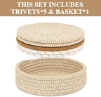 Trivets for Hot Dishes, Pots and Pans, Hot Pads with Storage Basket, Pot Holders for Kitchen, Heat Resistant Mat Protect Counter Home Essentials, Farmhouse Decor (Mix Brown 5 PCS)