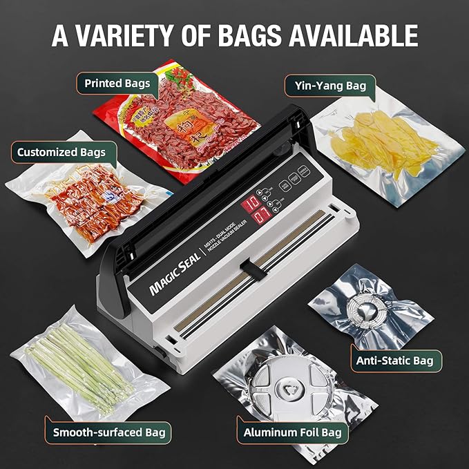 Magic Seal MS175 Vacuum Sealer Machine for Food Preservation, Nozzle Type, Compatible with Mylar Bags, Adjustable Vacuum & Seal Time, Automatic and Manual Mode